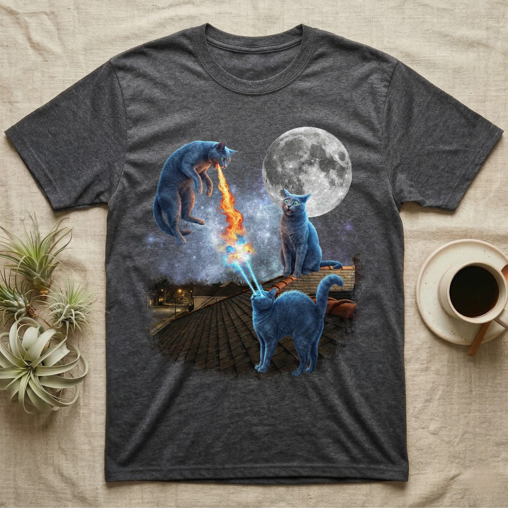 Two blue cats breathing fire and laser beams on a rooftop under a full moon.