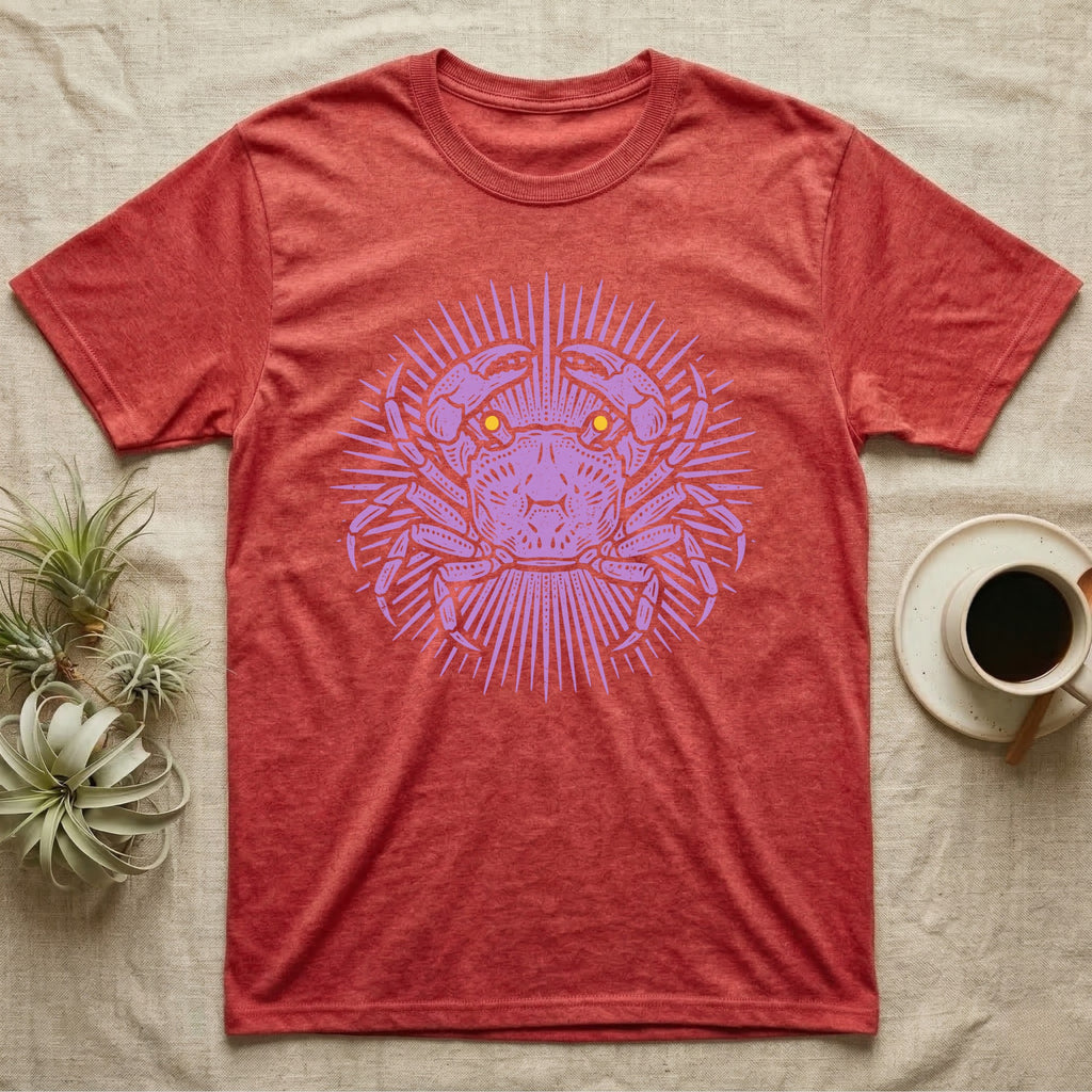 Vampire Crab Folk Medallion T-Shirt in Heather Red — Violet woodblock vampire crab seen face-on, its raised claws cut into a contained folk sunburst medallion.