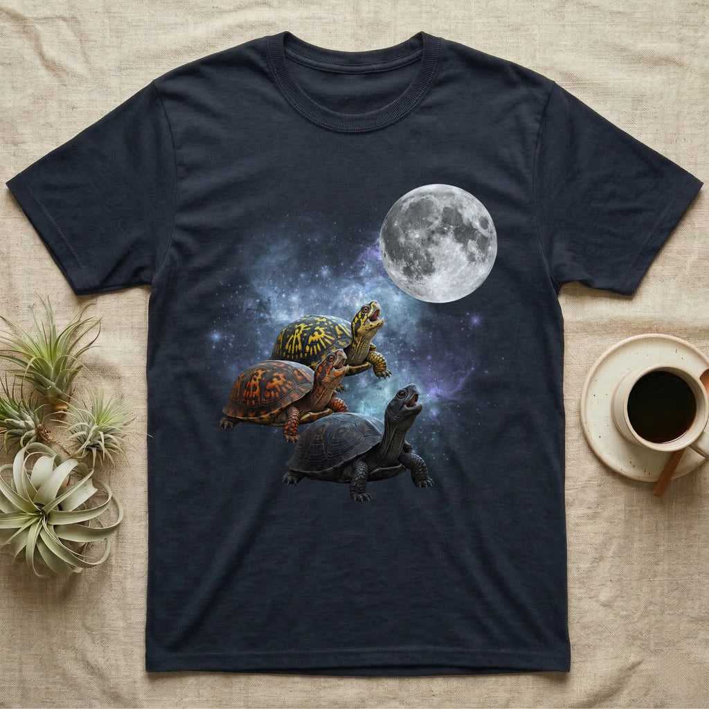Eastern Box Turtle Moon Howl T-Shirt in Navy — Three Eastern Box Turtle colour morphs howling at a full moon over a nebula on a dark grey t-shirt.