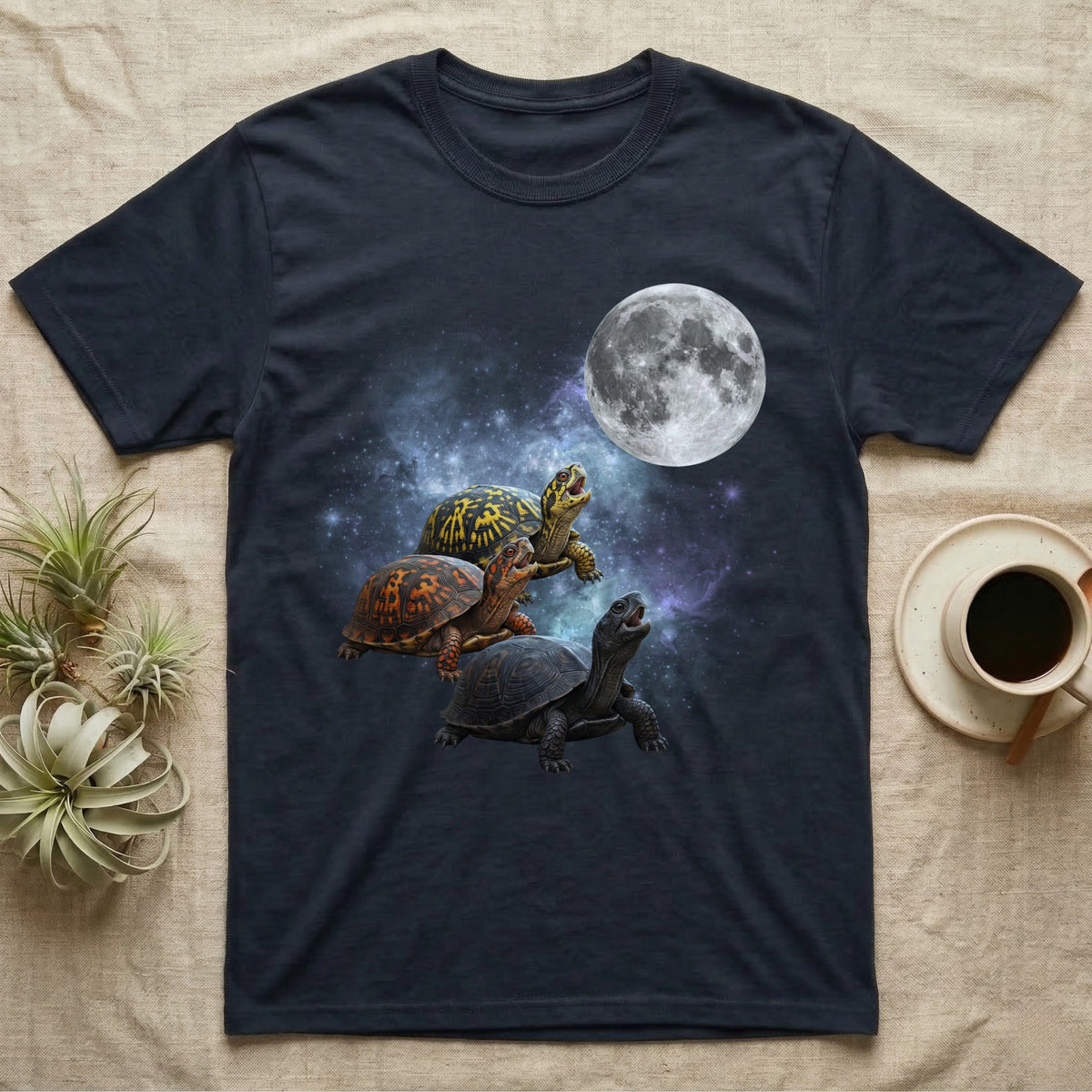 Eastern Box Turtle Moon Howl T-Shirt in Navy — Three Eastern Box Turtle colour morphs howling at a full moon over a nebula on a dark grey t-shirt.
