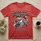 Bearded Dragon Skater T-Shirt in Heather Red — Black-and-white bearded dragon in a 1776 snapback on a flag skateboard under text 250 Years of Lizard Supremacy.