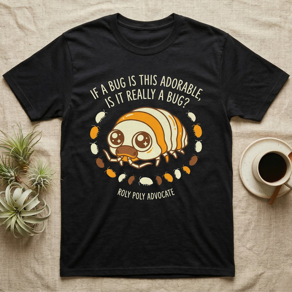 Isopod Roly Poly Advocate T-Shirt in Black — Cartoon roly poly with sparkling eyes ringed by tiny isopods and hand-lettered adorable-bug question.