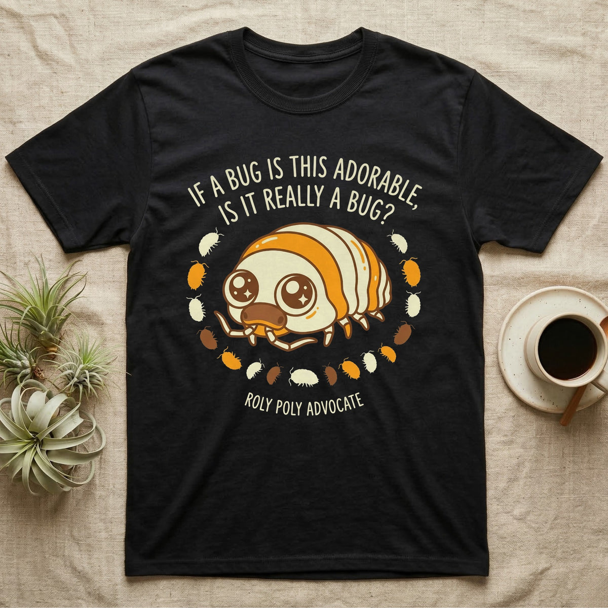 Isopod Roly Poly Advocate T-Shirt in Black — Cartoon roly poly with sparkling eyes ringed by tiny isopods and hand-lettered adorable-bug question.