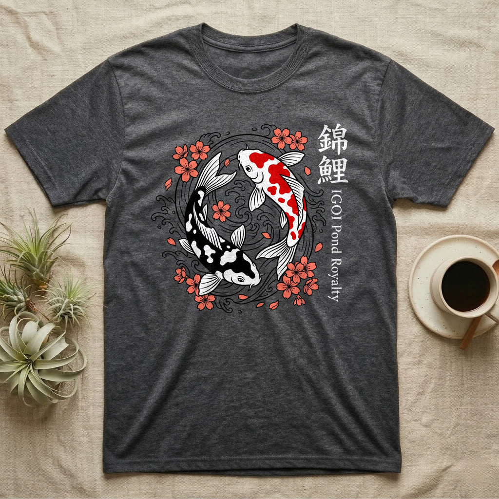 Dark gray t-shirt with two koi fish and cherry blossoms in a circular design.