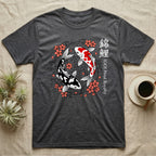 Dark gray t-shirt with two koi fish and cherry blossoms in a circular design.