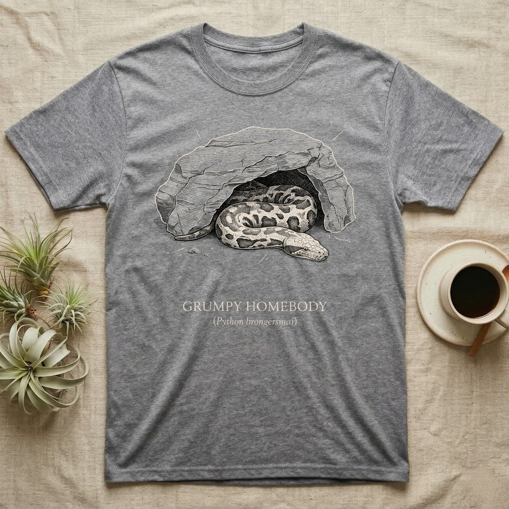 Blood Python Grumpy Homebody T-Shirt in Sport Grey — Naturalist ink engraving of a blood python resting in a rock cave, captioned "Grumpy Homebody, Python brongersmai".