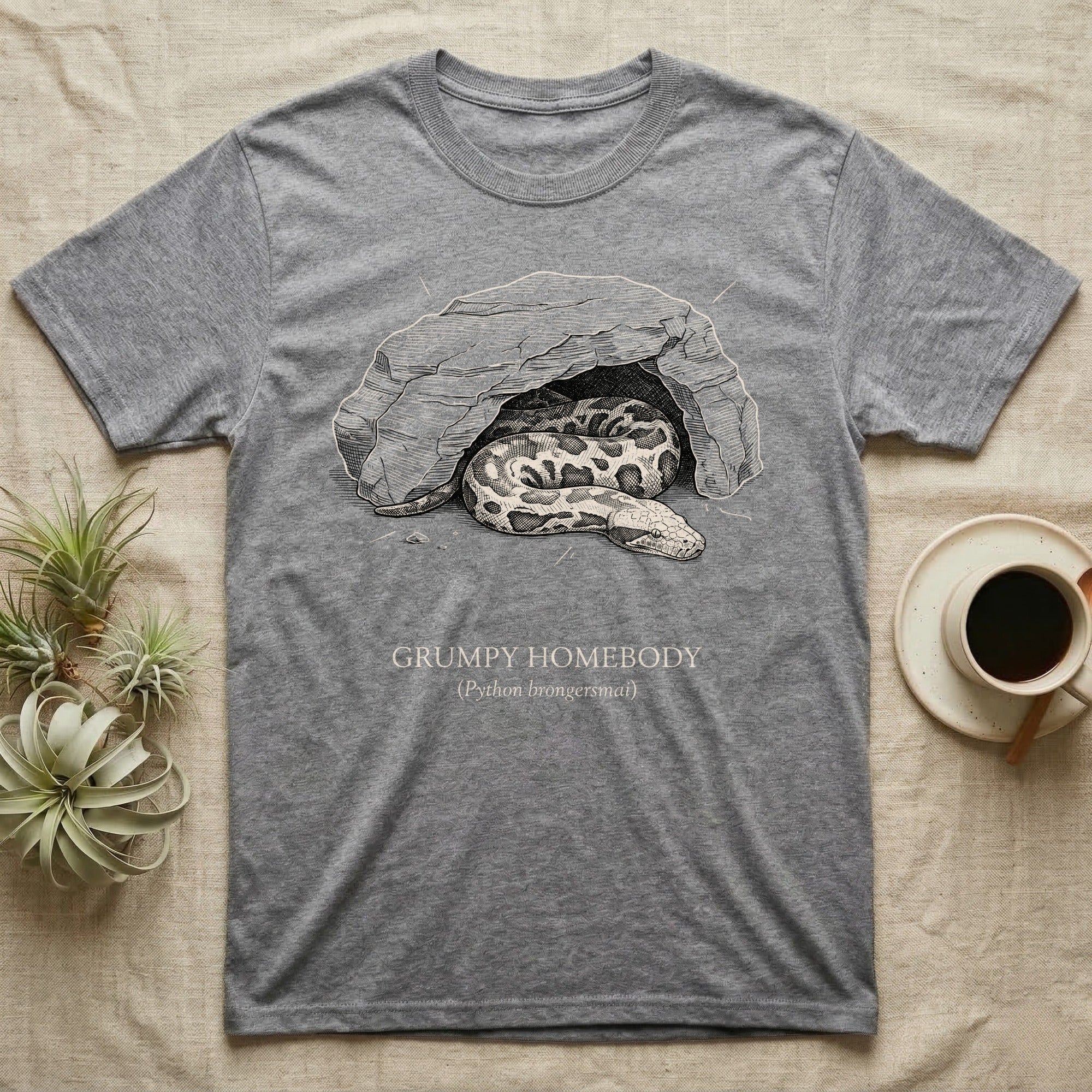 Blood Python Grumpy Homebody T-Shirt in Sport Grey — Naturalist ink engraving of a blood python resting in a rock cave, captioned "Grumpy Homebody, Python brongersmai".