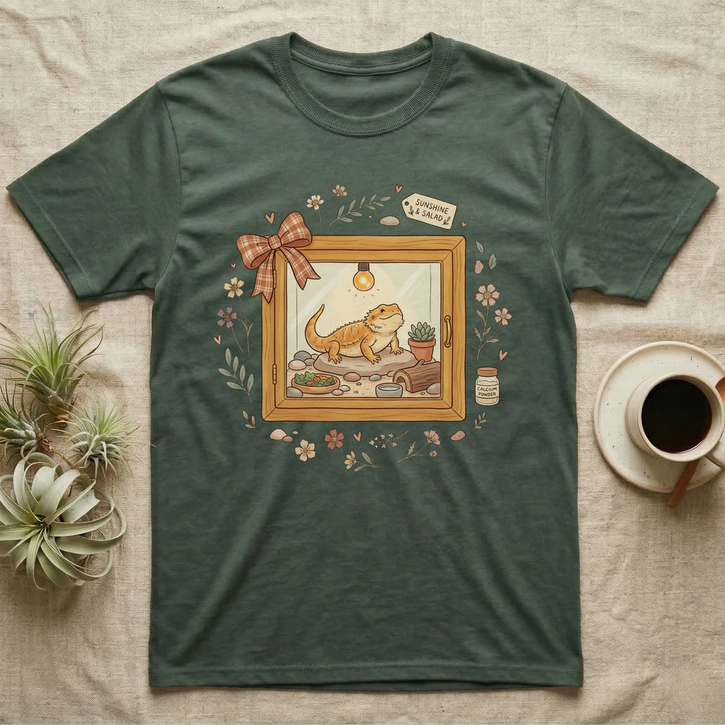 Bearded dragon in terrarium on shirt, "Sunshine & Salad" text.