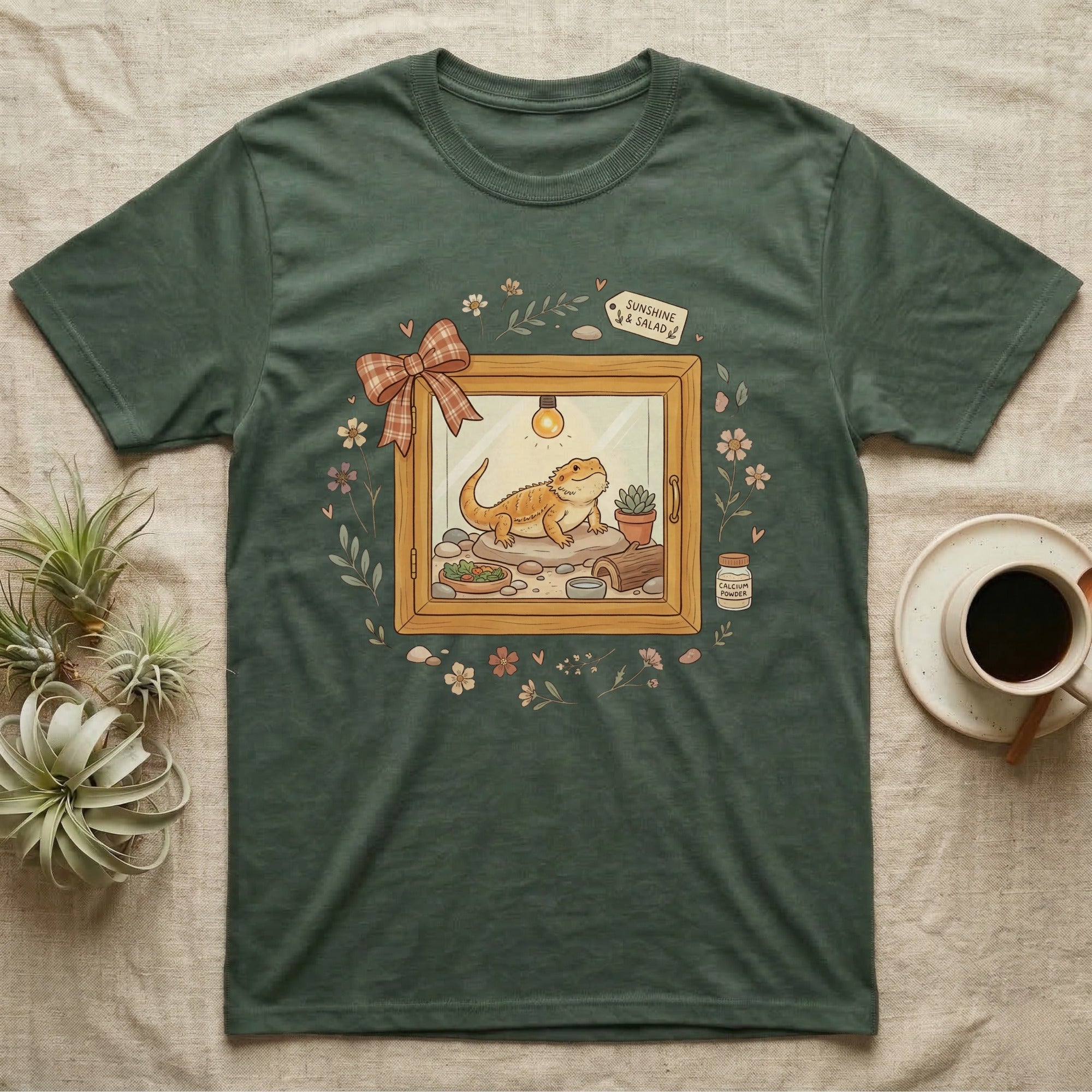 Bearded dragon in terrarium on shirt, "Sunshine & Salad" text.