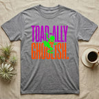 Tree Frog Toad-ally Ghoulish T-Shirt in Sport Grey — Neon green tree frog with a pumpkin pail clinging across stacked text, "Toad-ally Ghoulish."