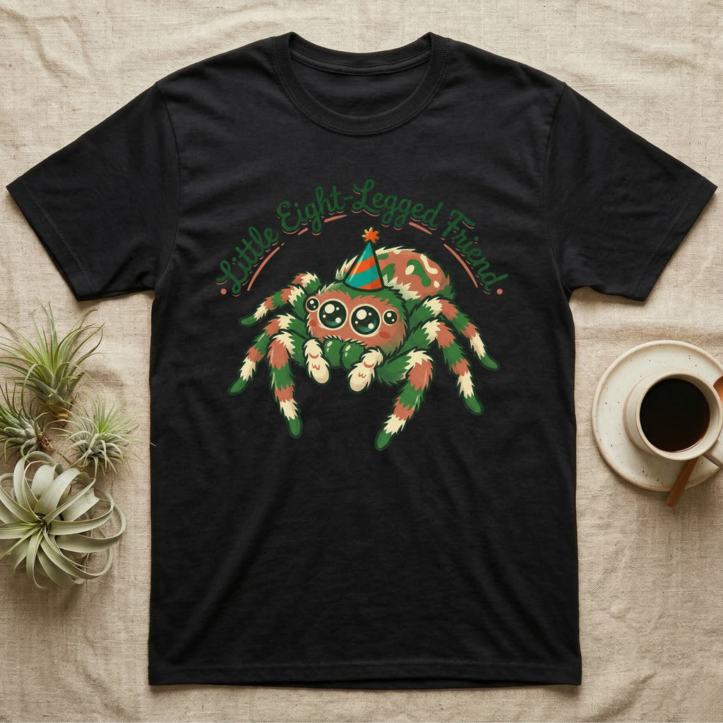 Black t-shirt with a festive cartoon spider wearing a party hat and the text "Little Eight Legged Friend".