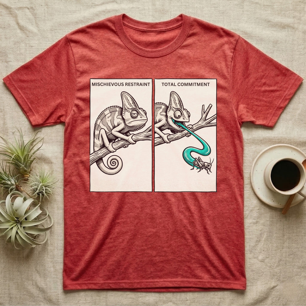 Veiled Chameleon Diet T-Shirt in Heather Red — Two-panel vector illustration of a veiled chameleon, calm on the left and tongue mid-strike on the right.
