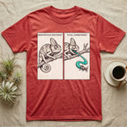 Veiled Chameleon Diet T-Shirt in Heather Red — Two-panel vector illustration of a veiled chameleon, calm on the left and tongue mid-strike on the right.