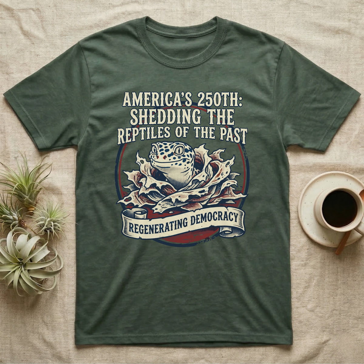 Leopard Gecko Shedding Tee in Military Green — Vintage badge of a leopard gecko emerging from its shed skin, navy and red emblem reading Shedding The Reptiles Of The Past, on black.