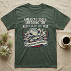 Leopard Gecko Shedding Tee in Military Green — Vintage badge of a leopard gecko emerging from its shed skin, navy and red emblem reading Shedding The Reptiles Of The Past, on black.