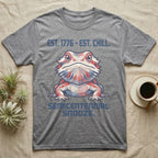 Bearded Dragon Geometric T-Shirt in Sport Grey — Low-poly faceted bearded dragon portrait in muted tones with text Est. 1776 Est. Chill and Semicentennial Snooze.