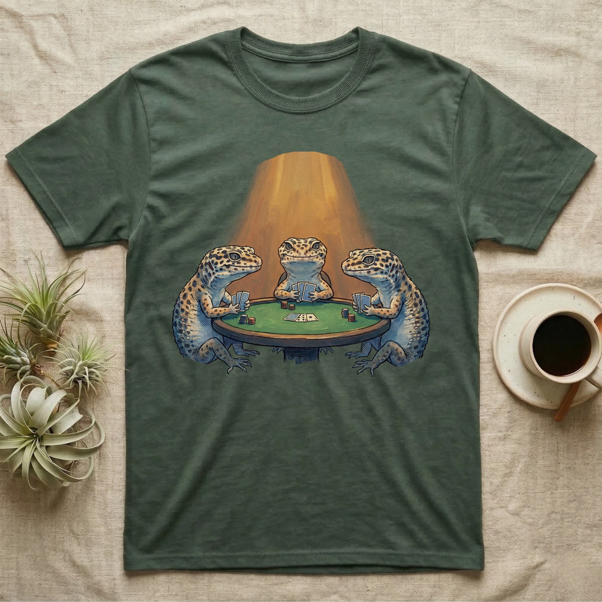 Leopard Gecko Poker T-Shirt in Military Green — Vintage oil-painting tableau of three leopard geckos playing poker around a green-felt table in warm amber light.