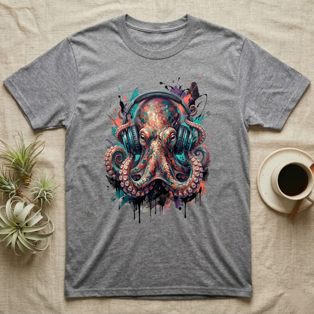 Grey t-shirt with a colorful octopus wearing headphones graphic.