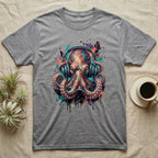 Grey t-shirt with a colorful octopus wearing headphones graphic.