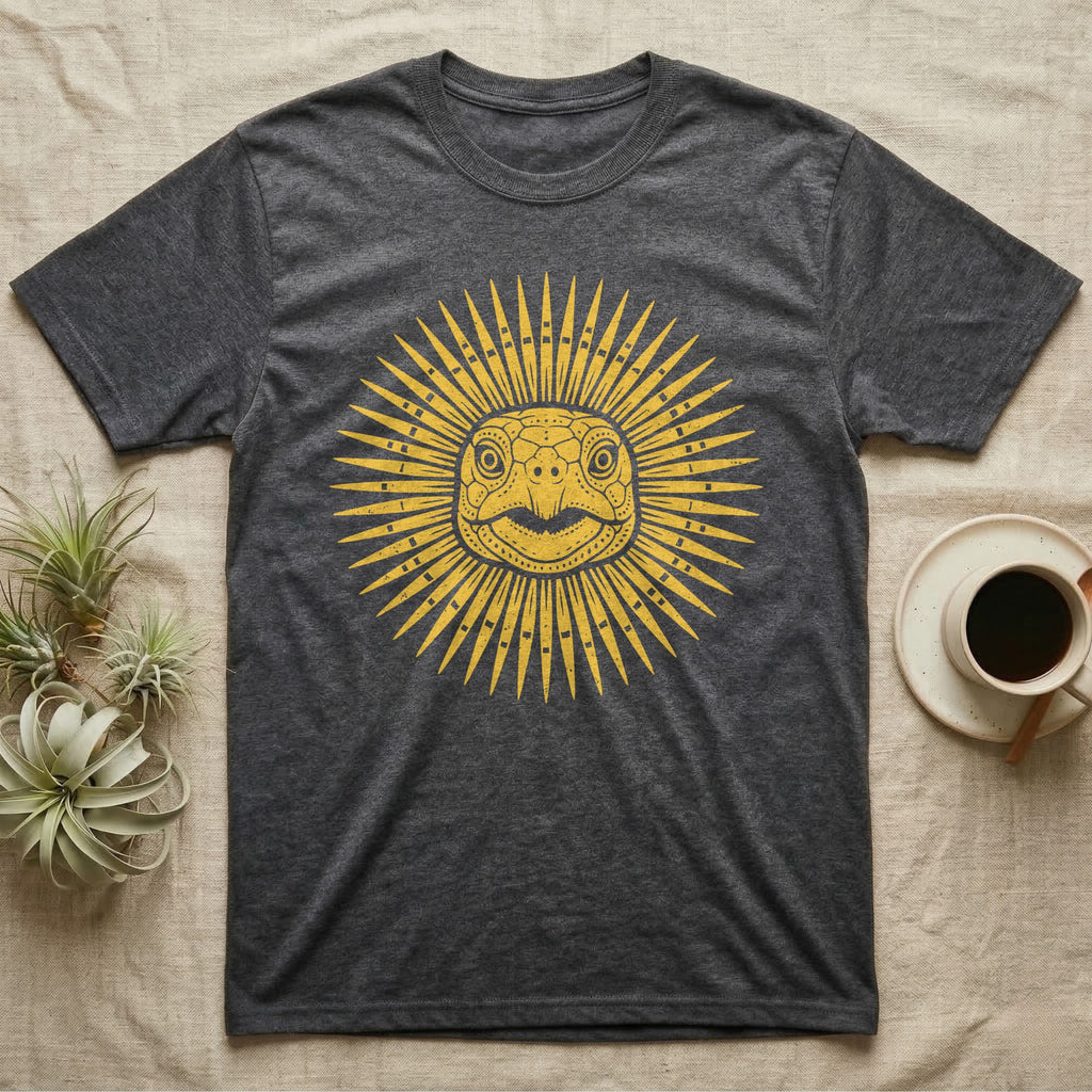 Hermann's Tortoise Sunburst T-Shirt in Dark Heather — Horn-yellow woodblock Hermann's tortoise seen head-on, its shell scutes radiating outward into a sunburst medallion.