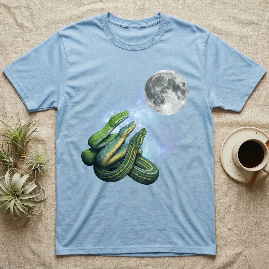 Green Tree Python Moon Howl T-Shirt in Light Blue — Three Green Tree Python colour morphs howling at a full moon over a nebula on a dark grey t-shirt.