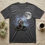 Garter Snake Moon Howl T-Shirt in Dark Heather — Three Garter Snake colour morphs howling at a full moon over a nebula on a dark grey t-shirt.