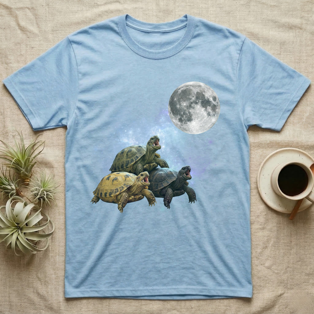 Russian Tortoise Moon Howl T-Shirt in Light Blue — Three Russian Tortoise colour morphs howling at a full moon over a nebula on a dark grey t-shirt.