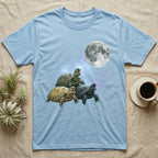Russian Tortoise Moon Howl T-Shirt in Light Blue — Three Russian Tortoise colour morphs howling at a full moon over a nebula on a dark grey t-shirt.