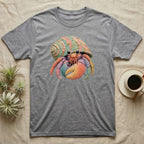 Gray t-shirt with a colorful, cartoon hermit crab design.