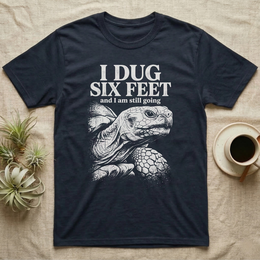 Sulcata Tortoise Dug Six Feet T-Shirt in Navy — One-ink white sulcata tortoise portrait on black under the words I DUG SIX FEET and I am still going.