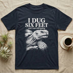 Sulcata Tortoise Dug Six Feet T-Shirt in Navy — One-ink white sulcata tortoise portrait on black under the words I DUG SIX FEET and I am still going.