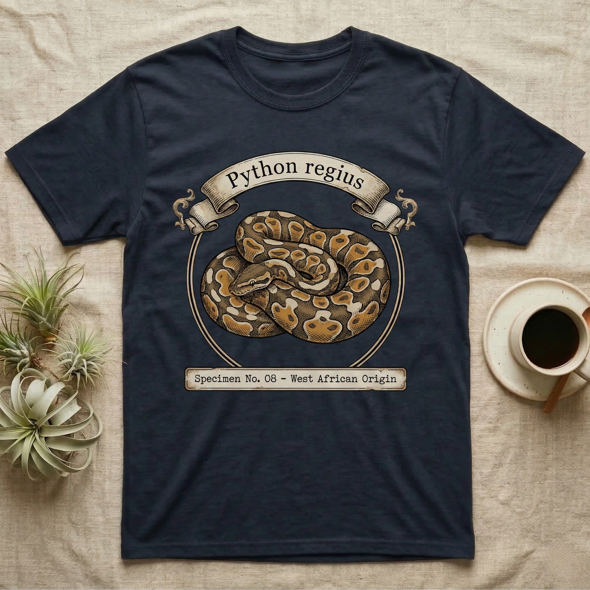 Dark navy t-shirt with a graphic of a ball python and text "Python regius".