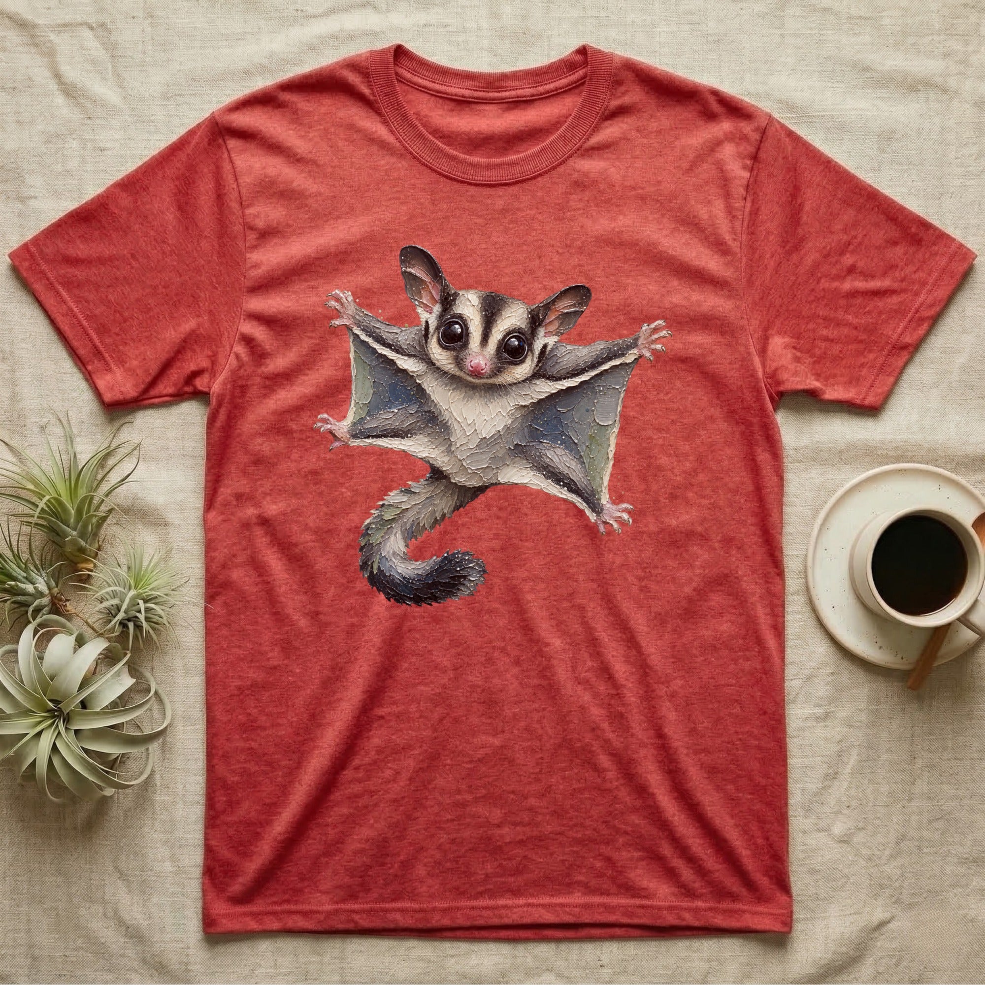 Red t-shirt with a watercolor illustration of a flying sugar glider.