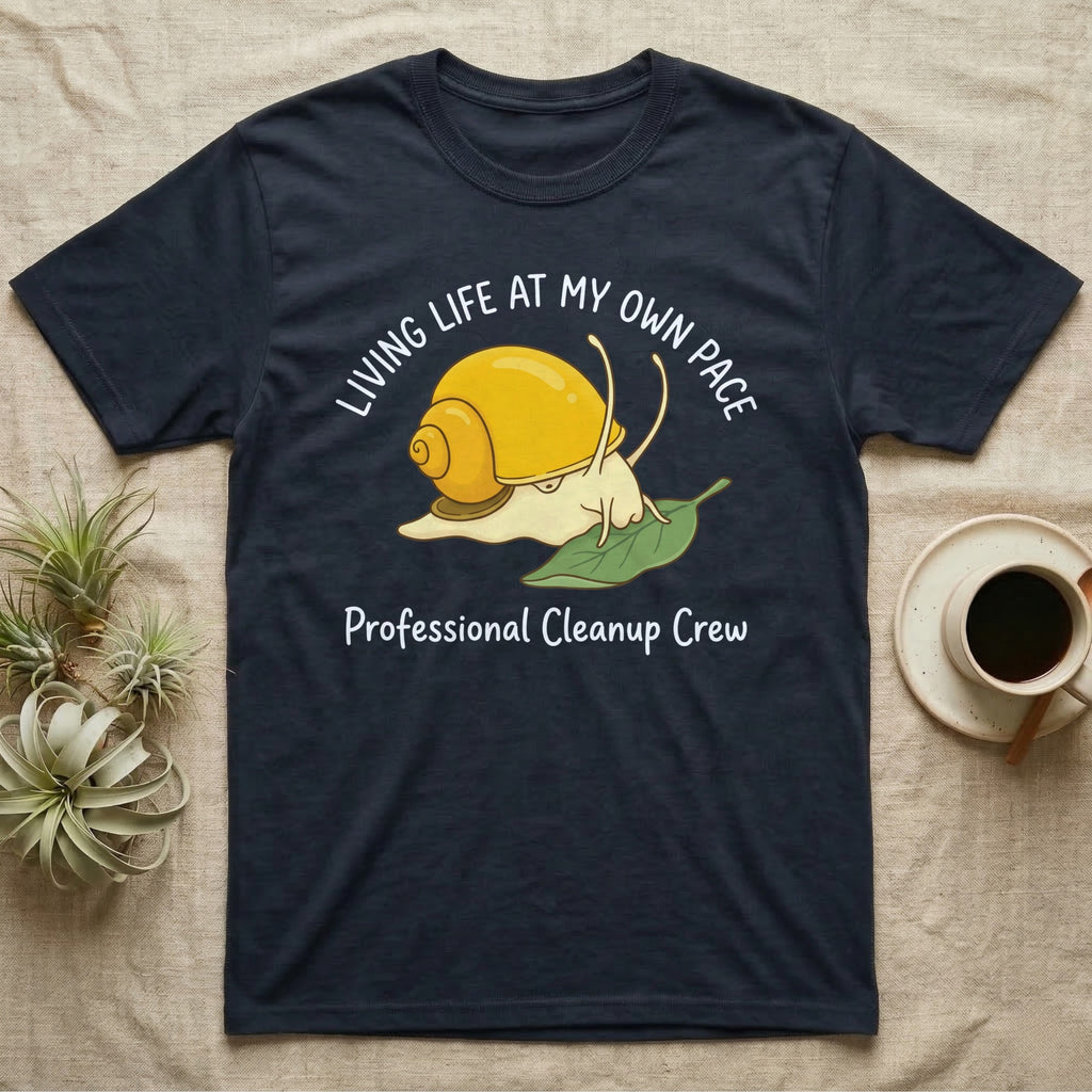 T-shirt with a snail on a leaf and text "Living Life at My Own Pace, Professional Cleanup Crew".