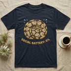 Navy t-shirt with a coiled snake graphic and "SOCIAL BATTERY: 0%" text.