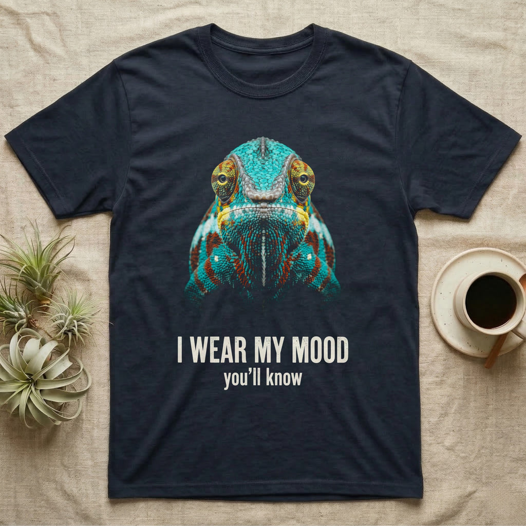 Flat-black mug-shot portrait of a turquoise and rust panther chameleon staring at the camera, with the printed words I Wear My Mood, you'll know. — shown on a Navy tee.