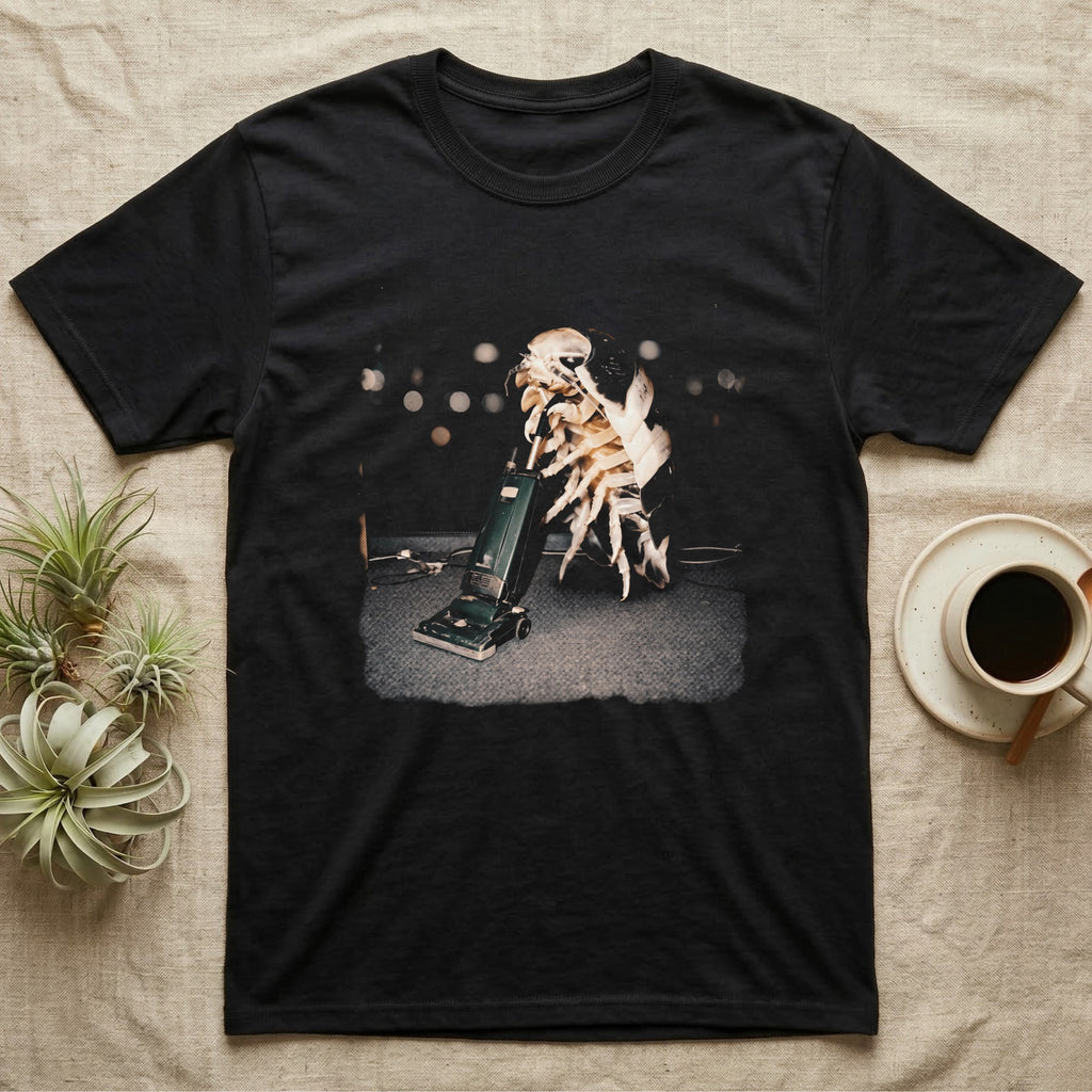 Panda King Isopod Vacuum T-Shirt in Black — Panda King isopod standing upright holding the handle of a vintage upright vacuum cleaner on carpet.