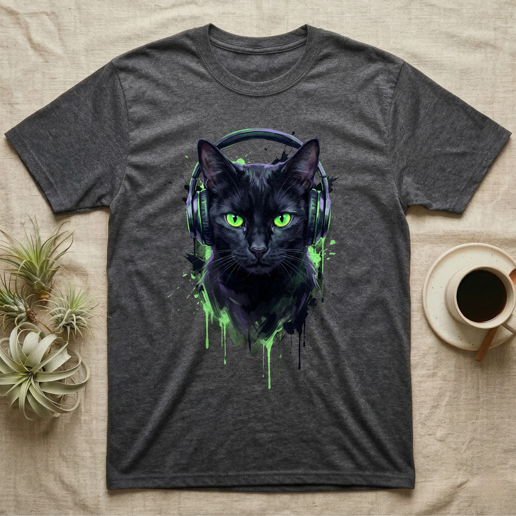 Dark cat with green eyes wearing headphones, splattered paint effect.