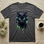 Dark cat with green eyes wearing headphones, splattered paint effect.
