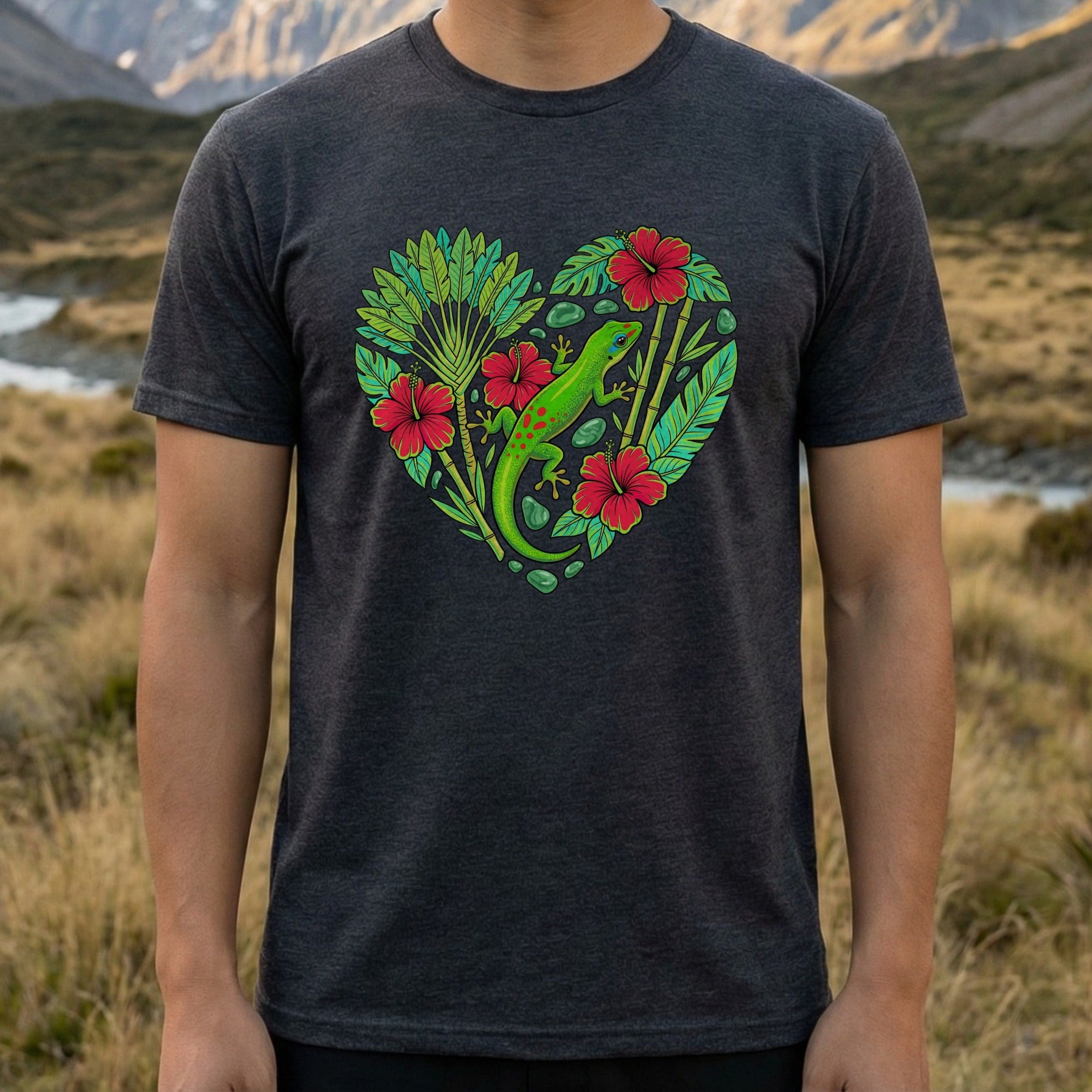 Heart Shaped Lizard and Flowers Graphic T-Shirt