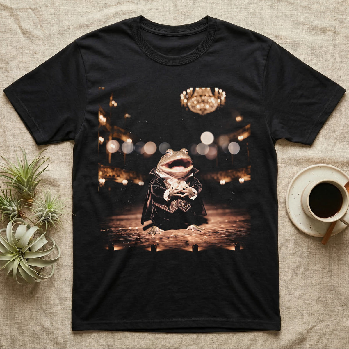 Budgett's Frog Opera Singer T-Shirt in Black — Budgett's frog in a velvet tailcoat and lace collar singing under a warm opera house chandelier.