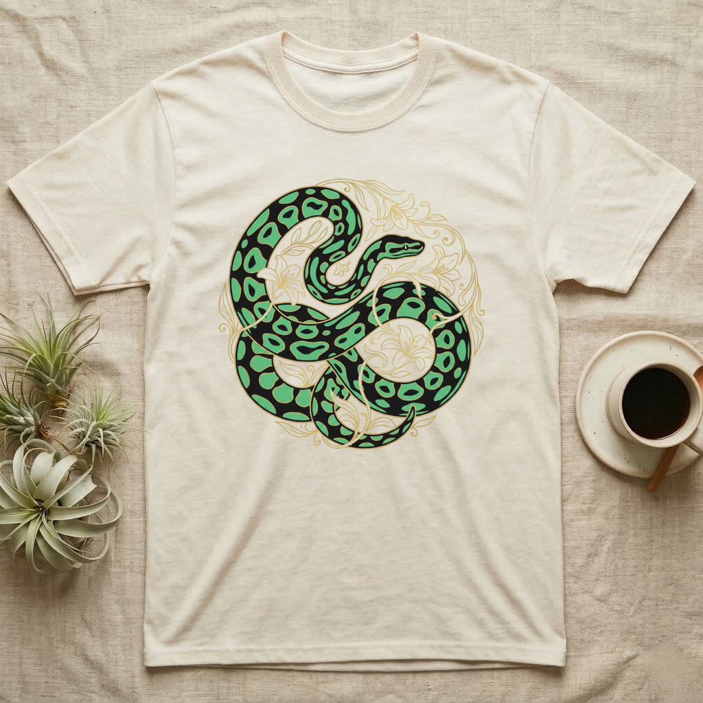 Cream t-shirt with green snake and gold floral design.