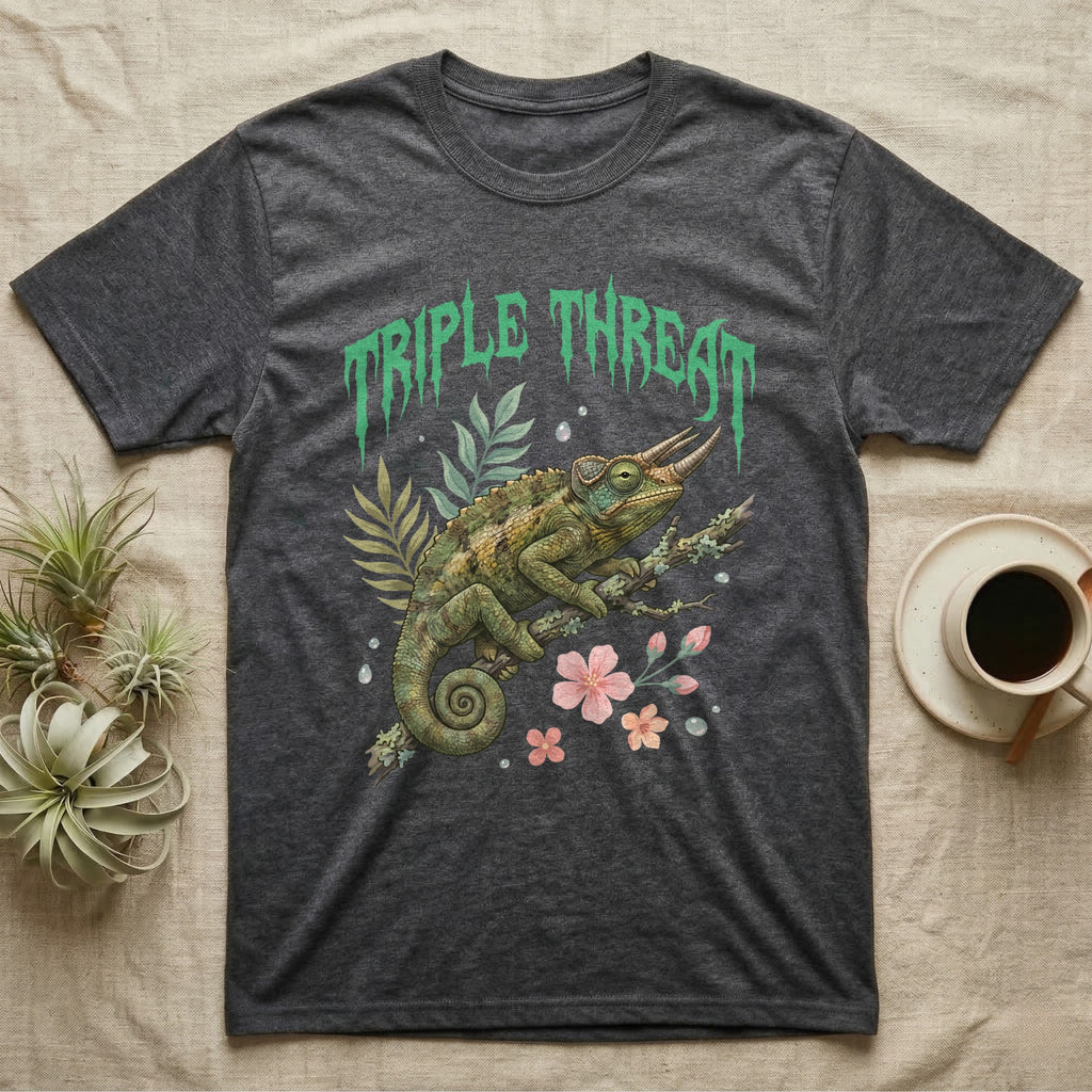 Jackson's Chameleon Feral T-Shirt in Dark Heather — Three-horned Jackson's chameleon on a branch below a dripping jade-green metal "Triple Threat" wordmark