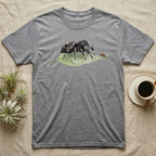 Jumping Spider Watercolour T-Shirt in Sport Grey — Watercolour regal jumping spider standing still on a green leaf, watching a single fruit fly perched on the leaf's tip.