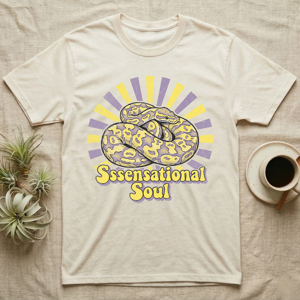 Cream t-shirt with coiled yellow snake and "Sssensational Soul" text.