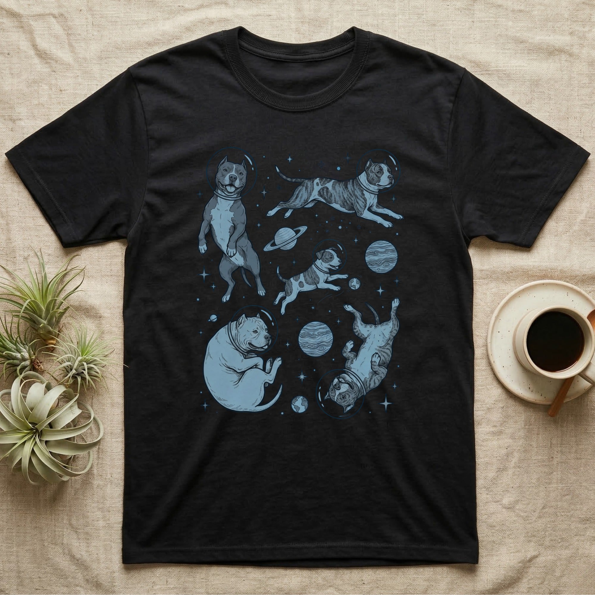 Black t-shirt with four space-themed pit bull puppies in various poses.