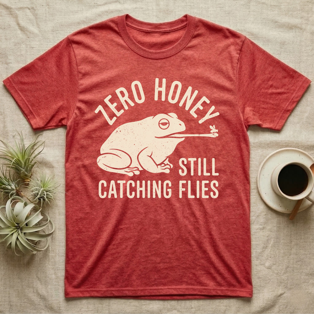 Tree Frog Proverb T-Shirt in Heather Red — Worn cream print of a dumpy White's tree frog catching a fly with its tongue under the words Zero Honey, Still Catching Flies