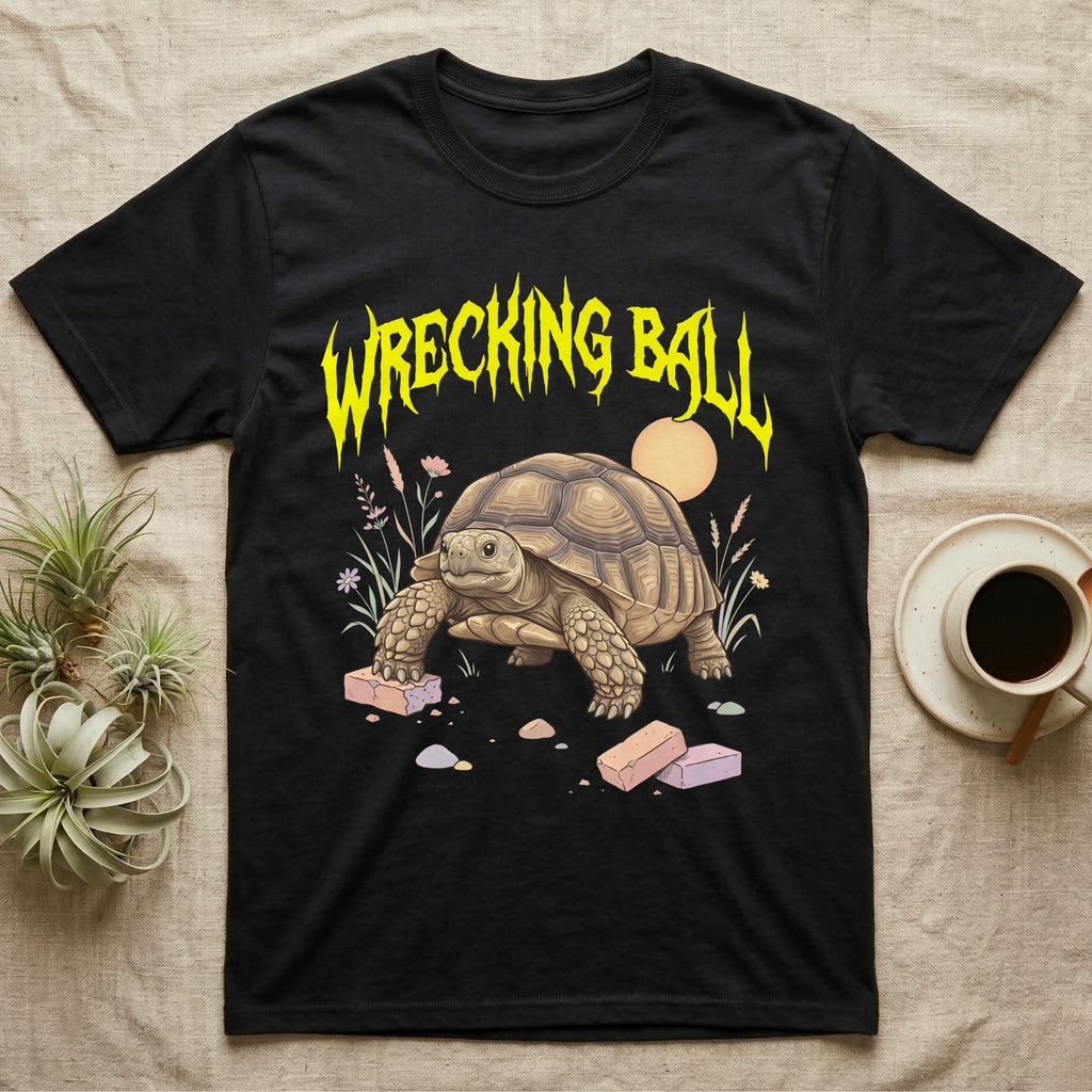 Sulcata Tortoise Feral T-Shirt in Black — Sulcata tortoise plodding over crumbled bricks under a jagged caution-yellow metal "WRECKING BALL" wordmark.