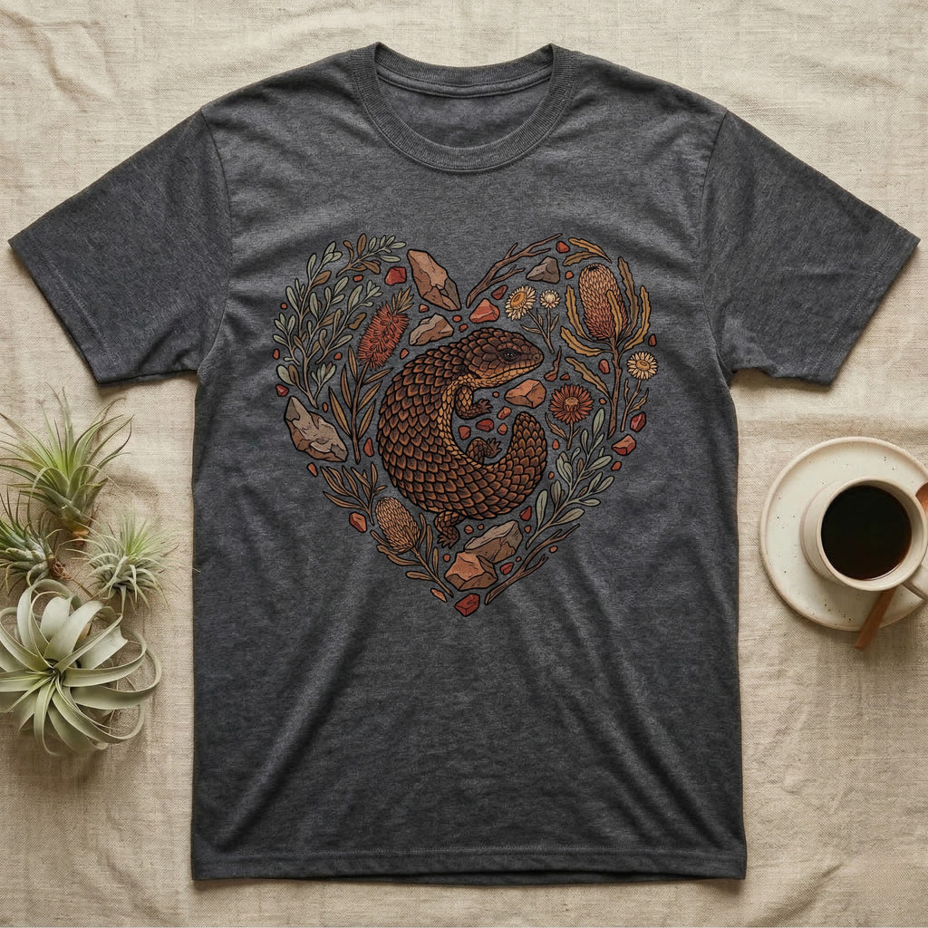 Dark grey t-shirt with heart-shaped Australian flora and fauna design.