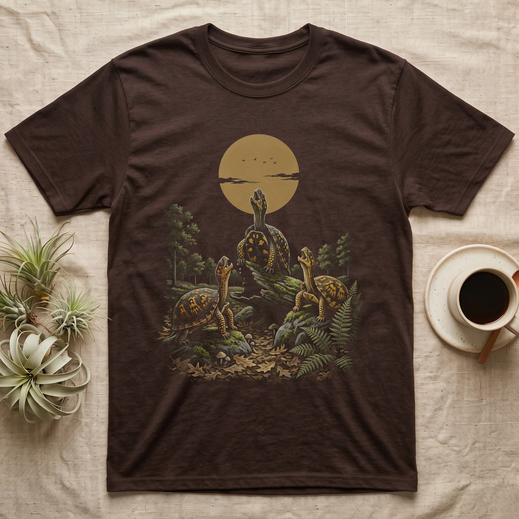 Box Turtle Pack T-Shirt in Dark Chocolate — Painted 90s wildlife-style art of three eastern box turtles on a mossy log howling at a golden moon in an oak forest, on black